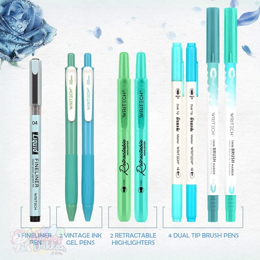Writech Journaling Set 9 Renk Kalem Set - Blue Green