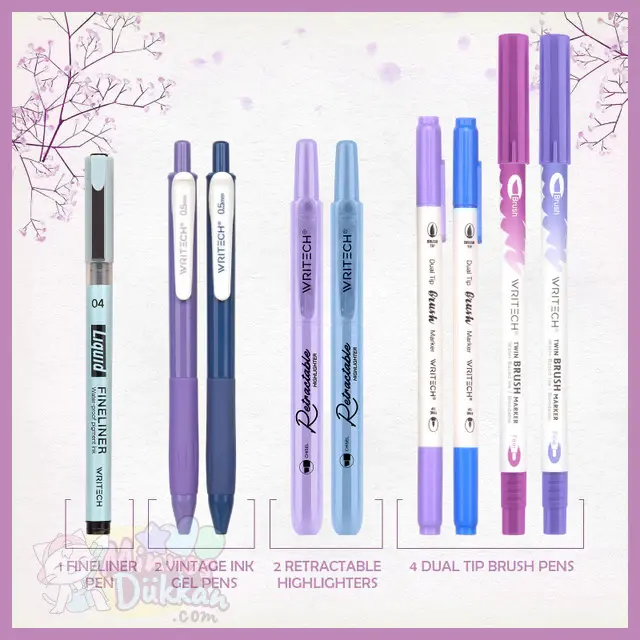 Writech Journaling Set 9 Renk Kalem Set - Purple Blue