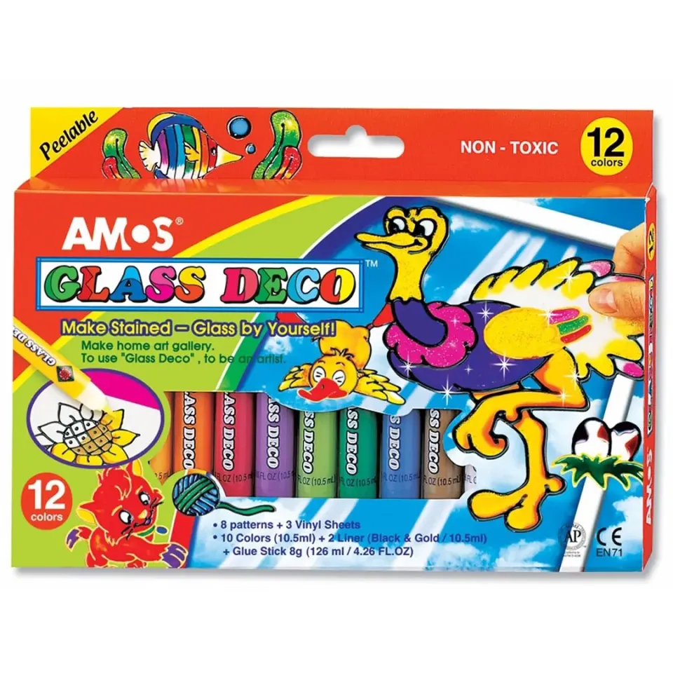Amos Glass Deco Sökülebilir Cam Boyası 12 Renk