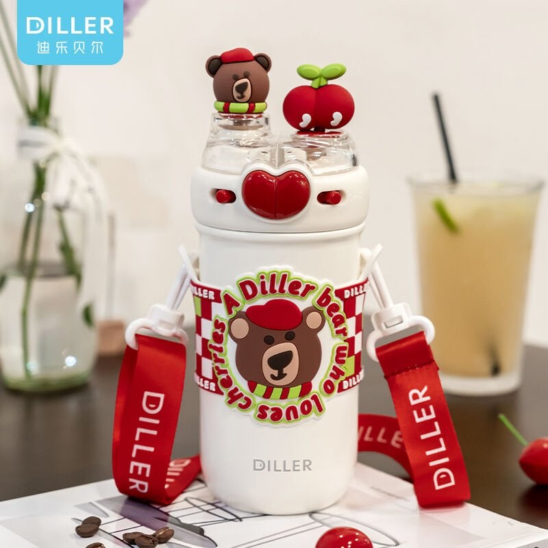 Vagon Life Diller Cherry Bear Çift Kapak Askılı Çelik Termos 520 ML