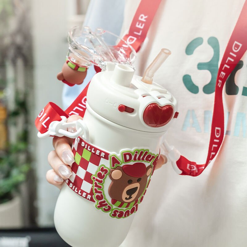 Vagon Life Diller Cherry Bear Çift Kapak Askılı Çelik Termos 520 ML