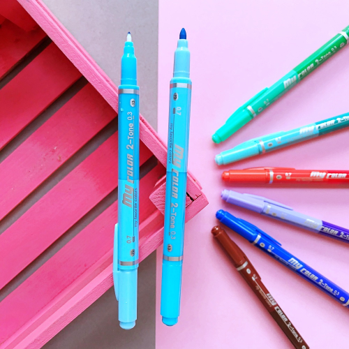 Dong-A My Color 2 2Tone Çift Uçlu Kalem - Gökyüzü Mavi ve Açık Mavi