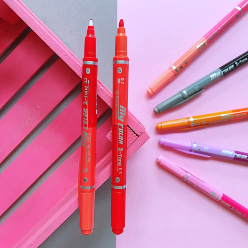 Dong-A My Color 2 2Tone Çift Uçlu Kalem - Kiremit ve Kırmızı