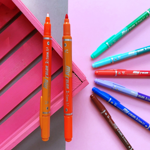 Dong-A My Color 2 2Tone Çift Uçlu Kalem - Turuncu ve Kiremit