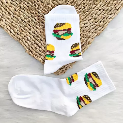 Hamburger Desenli Beyaz Çorap
