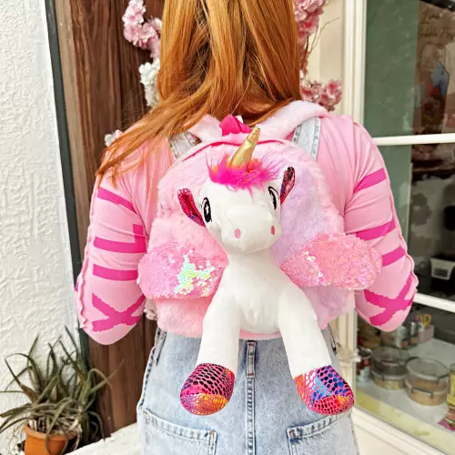 Kabartmalı Pastel Peluş Sırt Çantası - Unicorn