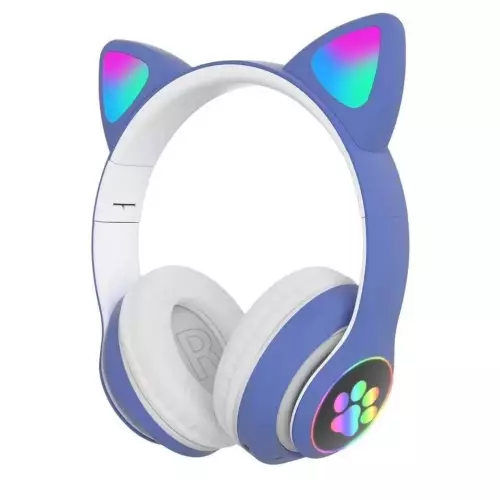 Kedi Kulaklı Işıklı Çocuk Kulaklık Mavi
